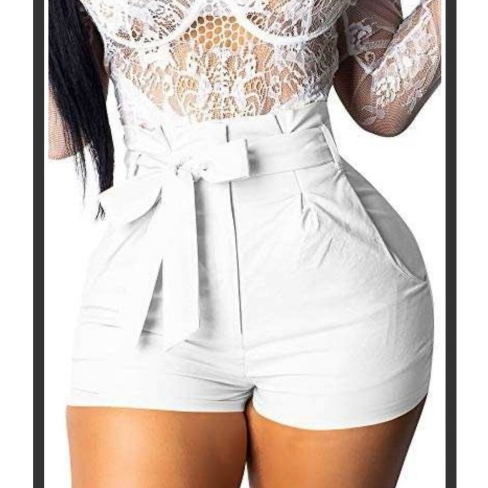 NWOT GOBLES Summer Casual Shorts High Waist Ruffle Bow Tie Shorts White Small
